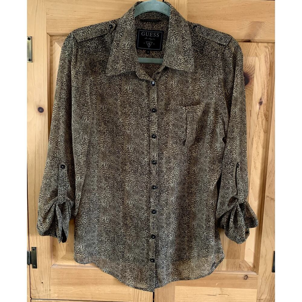 Guess Los Angeles Leopard Print Blouse Roll Tab Sleeves Size M